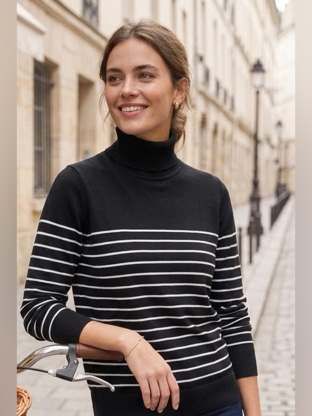 Women’s Black & White Striped Turtleneck Sweater
